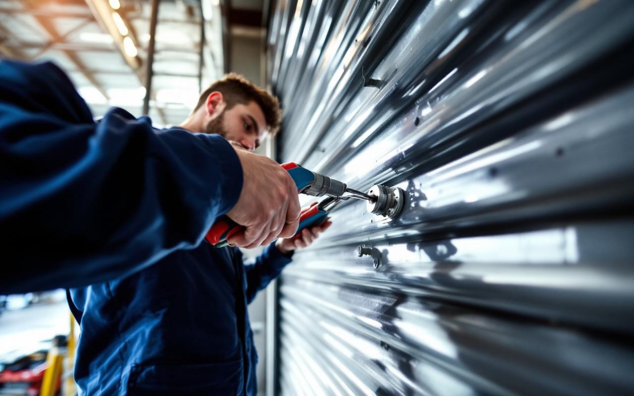Technicien inspectant un moteur de volet roulant avec des outils, gros plan sur ses mains et le mécanisme, caisse à outils et échelle en arrière-plan, lumière naturelle douce avec rayons volumétriques, couleurs dominantes gris et bleu.