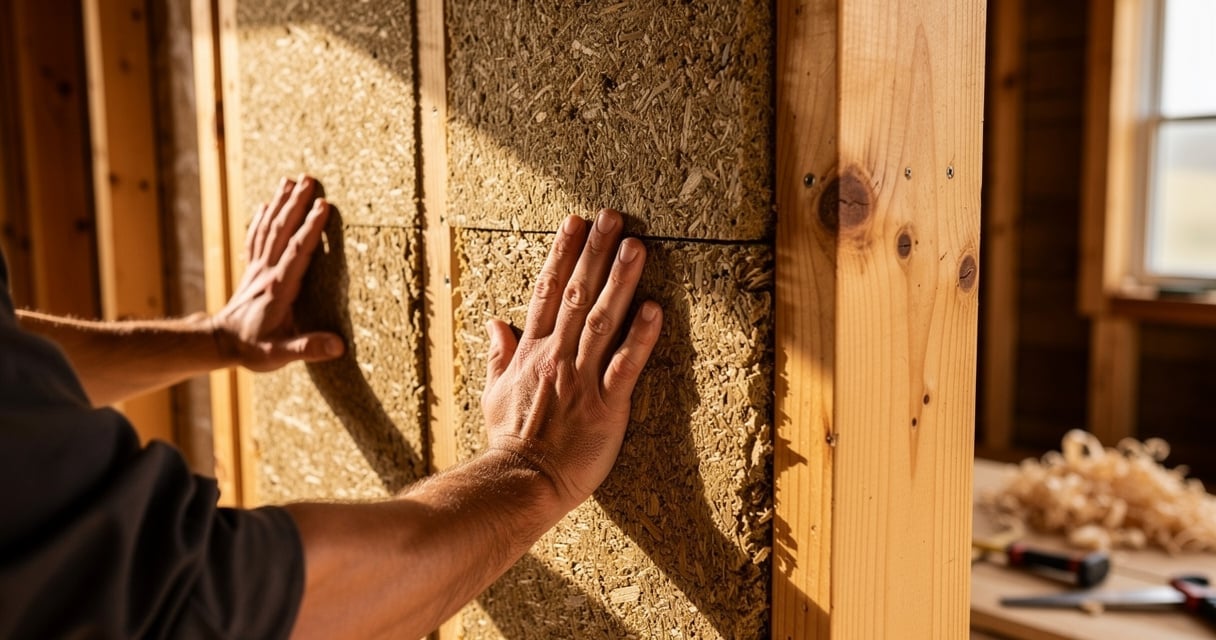 Pose de panneaux de fibre de bois sur une ossature bois pour isoler un mur