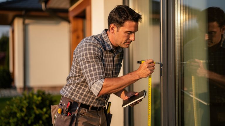 Un artisan vitrier inspecte une fenêtre d’une maison, tenant un mètre ruban et un carnet de devis.