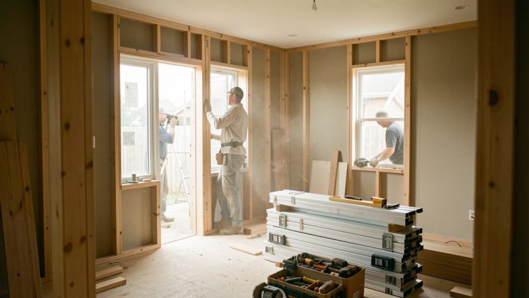 Intérieur d’une maison en rénovation avec la pose de fenêtres neuves, des outils de chantier et une lumière naturelle douce entrant par les ouvertures.