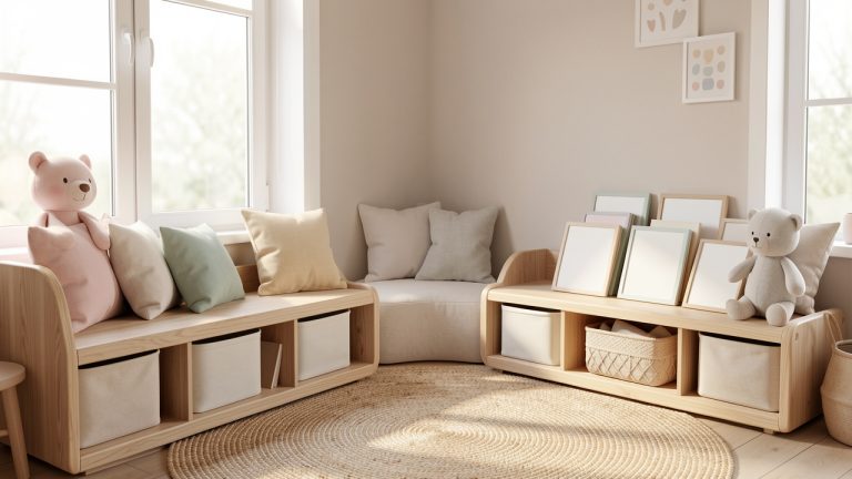 Chambre d’enfant lumineuse et évolutive avec rangements bas en bois, coin lecture confortable et décoration douce aux teintes pastel.