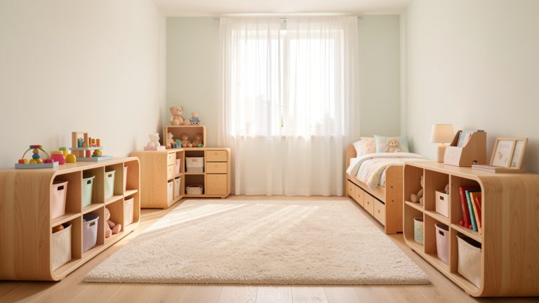 Chambre d’enfant lumineuse et sécurisée avec rangements bas en bois, tapis doux et espace de circulation dégagé.