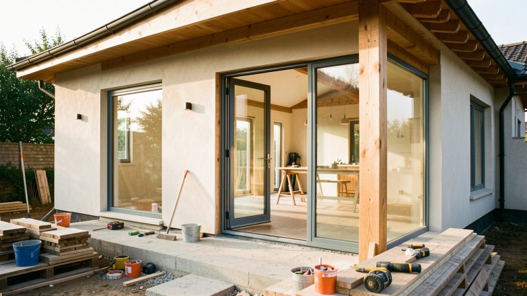 Maison en rénovation avec fenêtres neuves, outils de chantier et lumière naturelle.