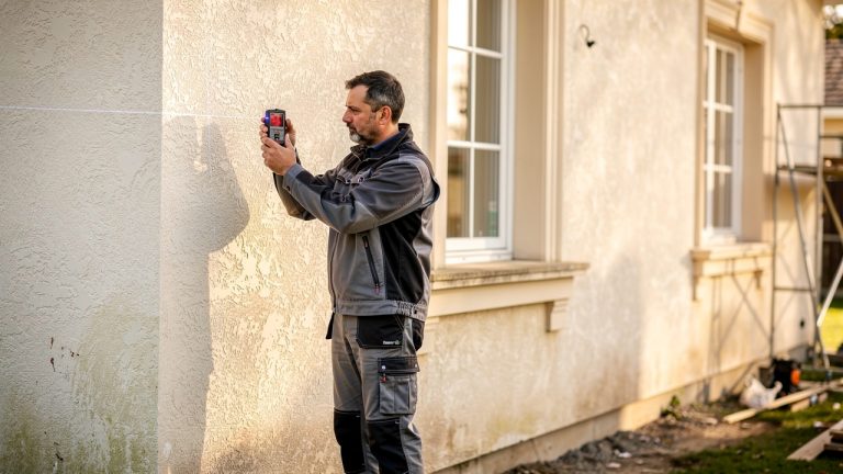 Un artisan mesure au laser les murs extérieurs d’une grande maison à façade enduite avant un ravalement, sous une lumière naturelle.