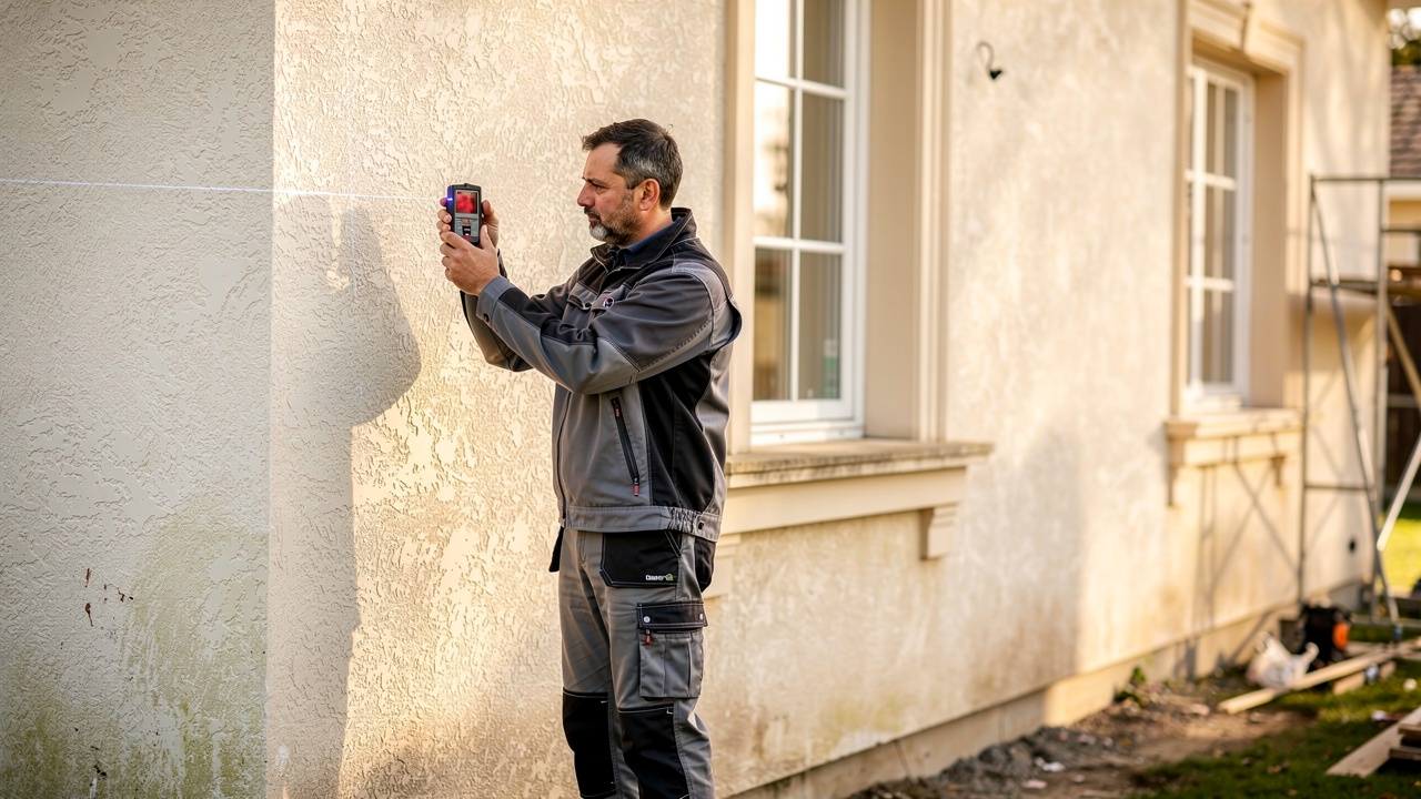 Un artisan mesure au laser les murs extérieurs d’une grande maison à façade enduite avant un ravalement, sous une lumière naturelle.