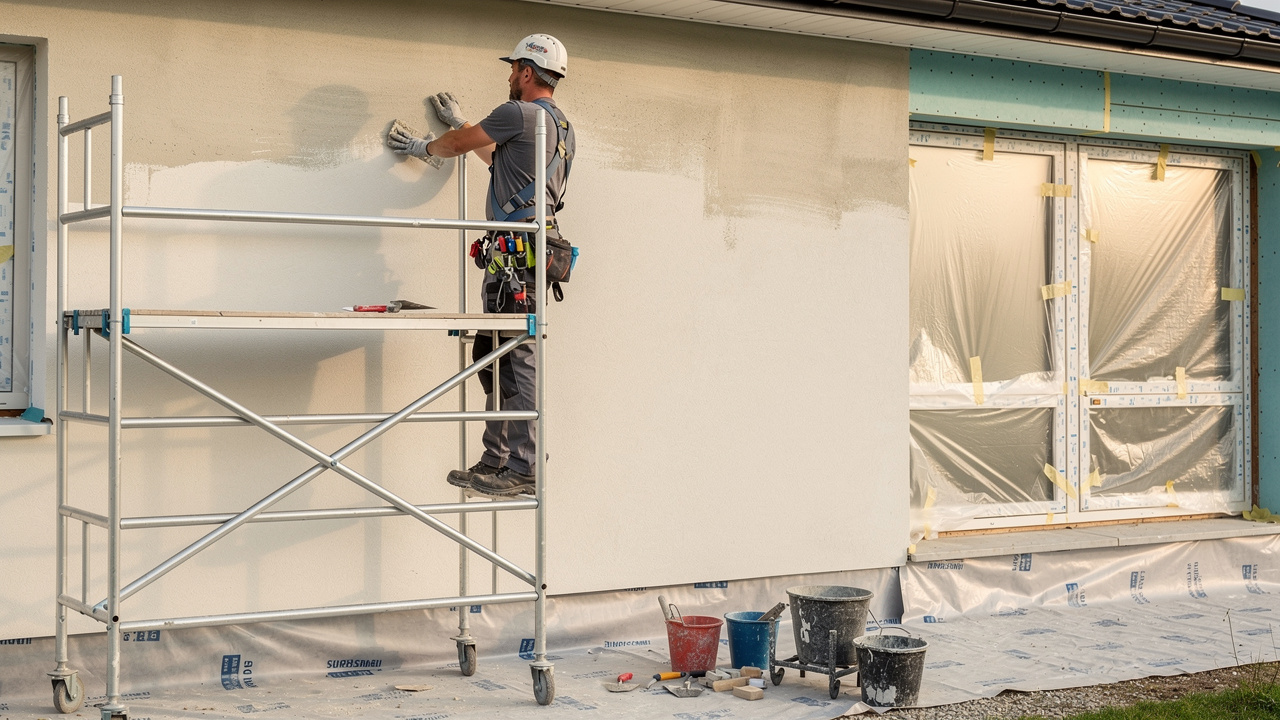 Un façadier applique un enduit clair sur la façade d’une maison en rénovation depuis un échafaudage, avec des protections au sol et un chantier propre.