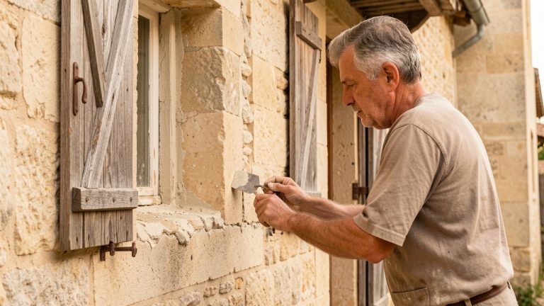 Façade d’une ancienne maison française en pierre calcaire avec des volets en bois patinés, tandis qu’un artisan répare les joints à la chaux sous une lumière douce.