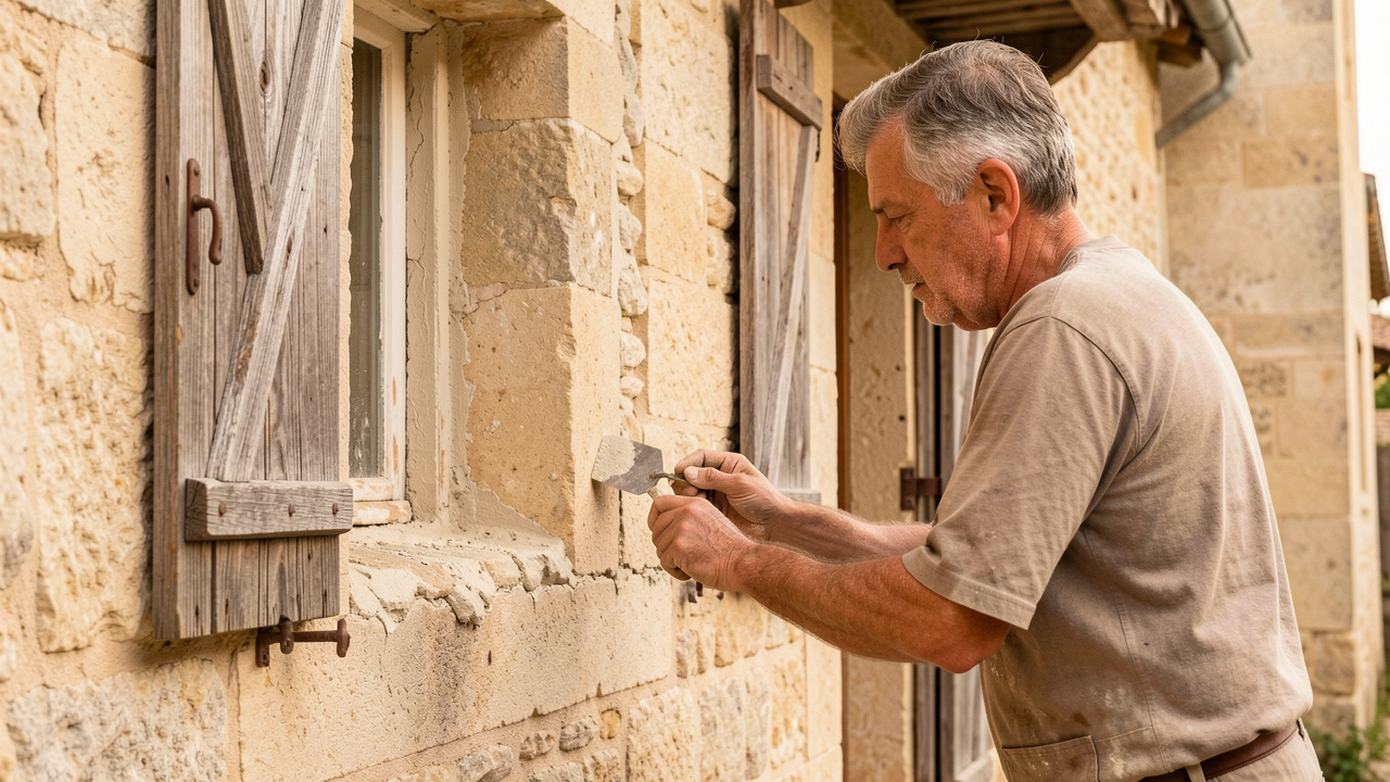 Façade d’une ancienne maison française en pierre calcaire avec des volets en bois patinés, tandis qu’un artisan répare les joints à la chaux sous une lumière douce.
