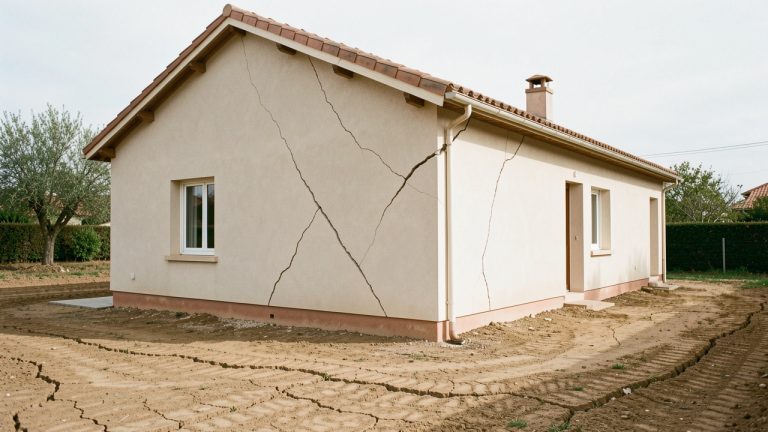 Maison individuelle en France présentant des fissures obliques visibles sur une façade enduite, au-dessus d’un sol argileux sec et légèrement craquelé.