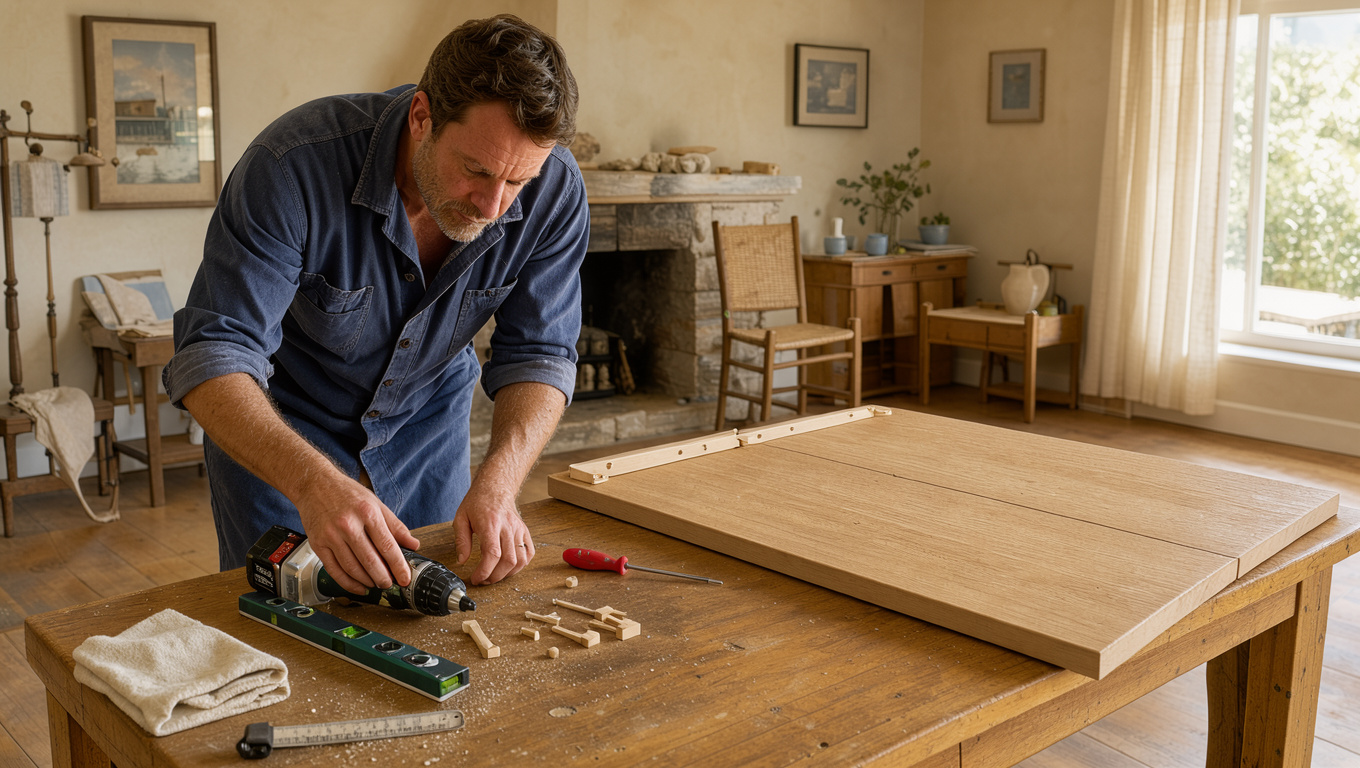 Un artisan prépare des outils pour fixer une étagère en bois dans un salon lumineux d'une maison bretonne.