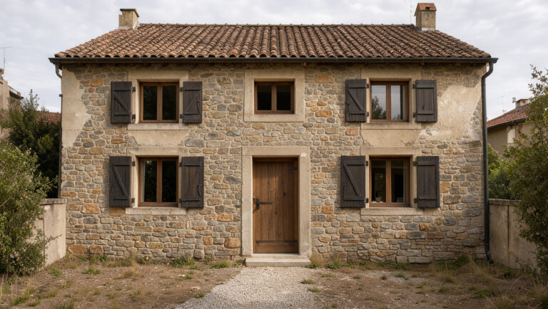 Façade détaillée d’une ancienne maison familiale en pierre, recouverte d’un enduit à la chaux beige nuancé et éclairée par une lumière douce.