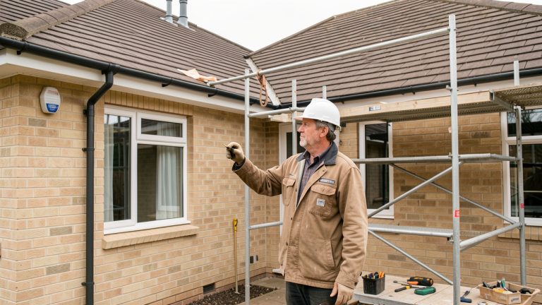 Un artisan inspecte les murs et la toiture d’une maison individuelle en rénovation extérieure, près d’un échafaudage discret, sous une lumière naturelle.