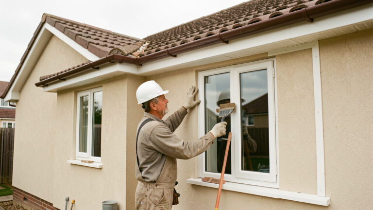 Artisan inspectant les murs, la toiture et les menuiseries d’une maison individuelle en rénovation extérieure, éclairée par une lumière naturelle.