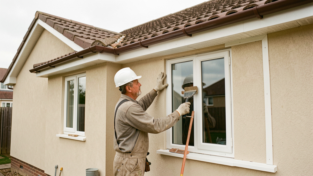 Artisan inspectant les murs, la toiture et les menuiseries d’une maison individuelle en rénovation extérieure, éclairée par une lumière naturelle.