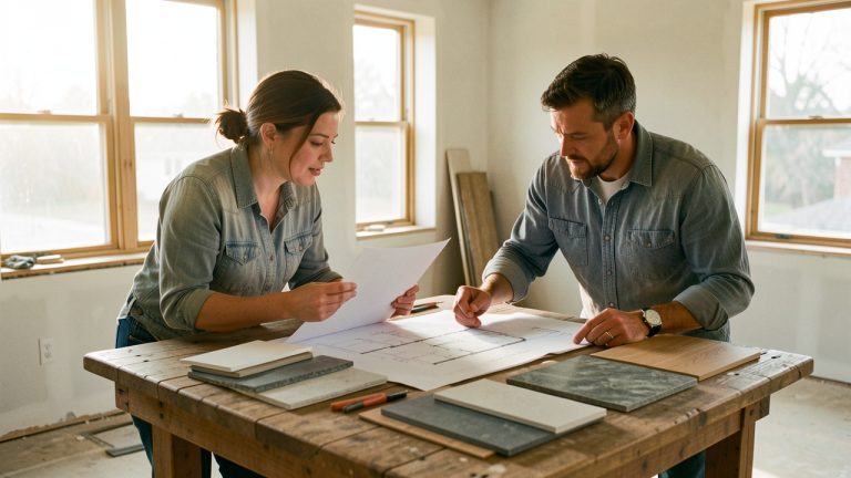 Une femme et un homme propriétaires examinent des documents vierges avec un artisan autour d’une table couverte de plans et d’échantillons de matériaux dans une maison en rénovation.